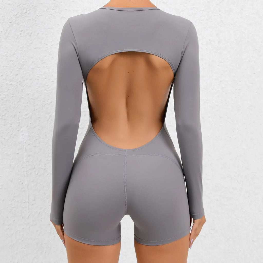 Xooie Fit Grey Backless Romper for Women with Long Sleeves and Open Back Design