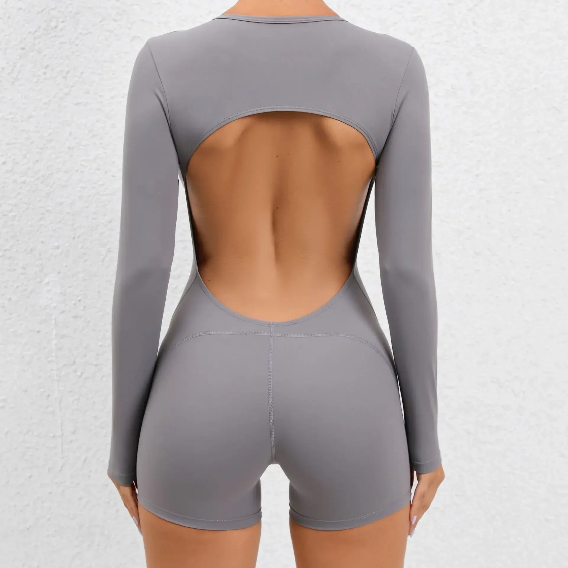 Xooie Fit Grey Backless Romper for Women with Long Sleeves and Open Back Design