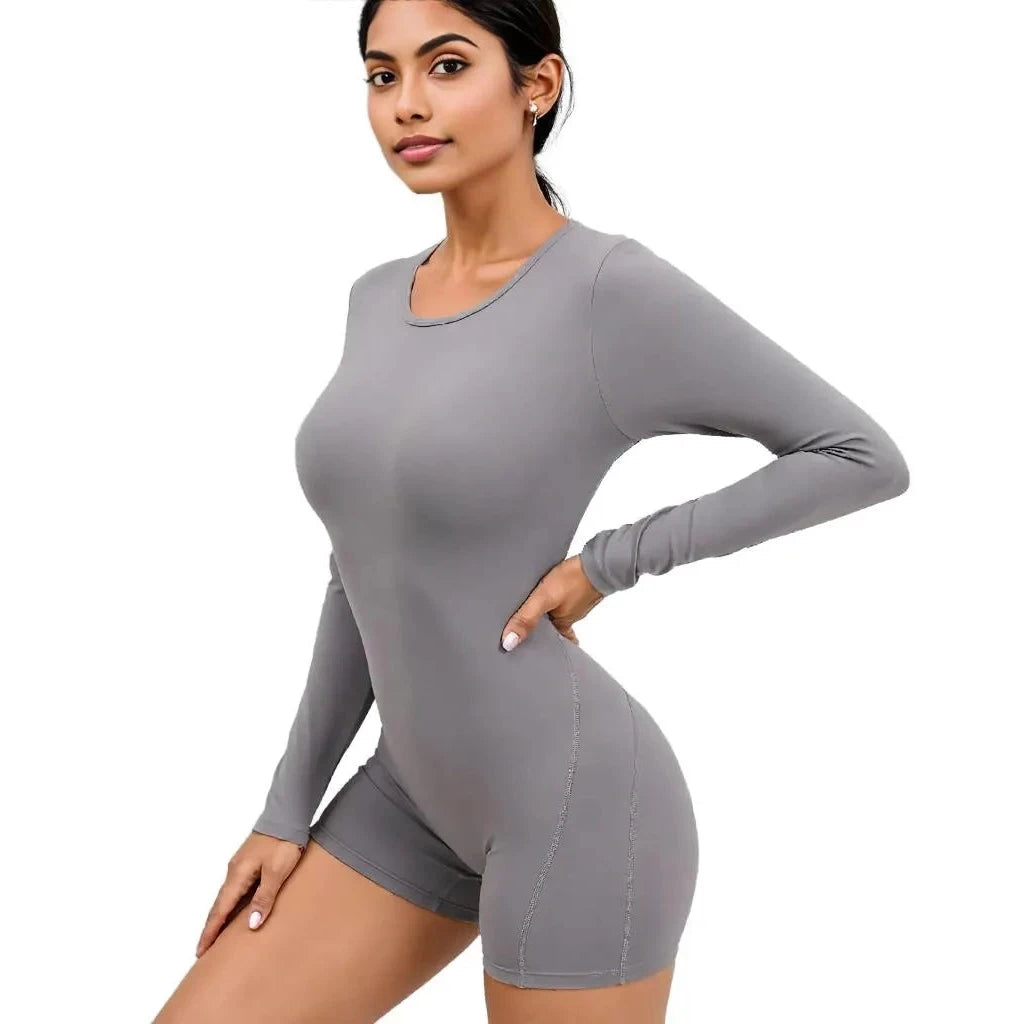 Gray backless romper for women by Xooie Fit with long sleeves and a fitted design
