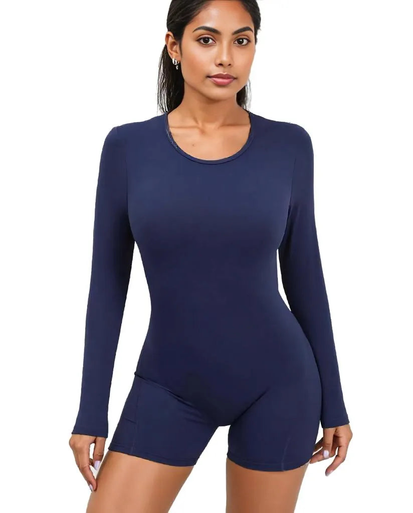 Xooie Fit backless romper for women in navy with long sleeves and a fitted design