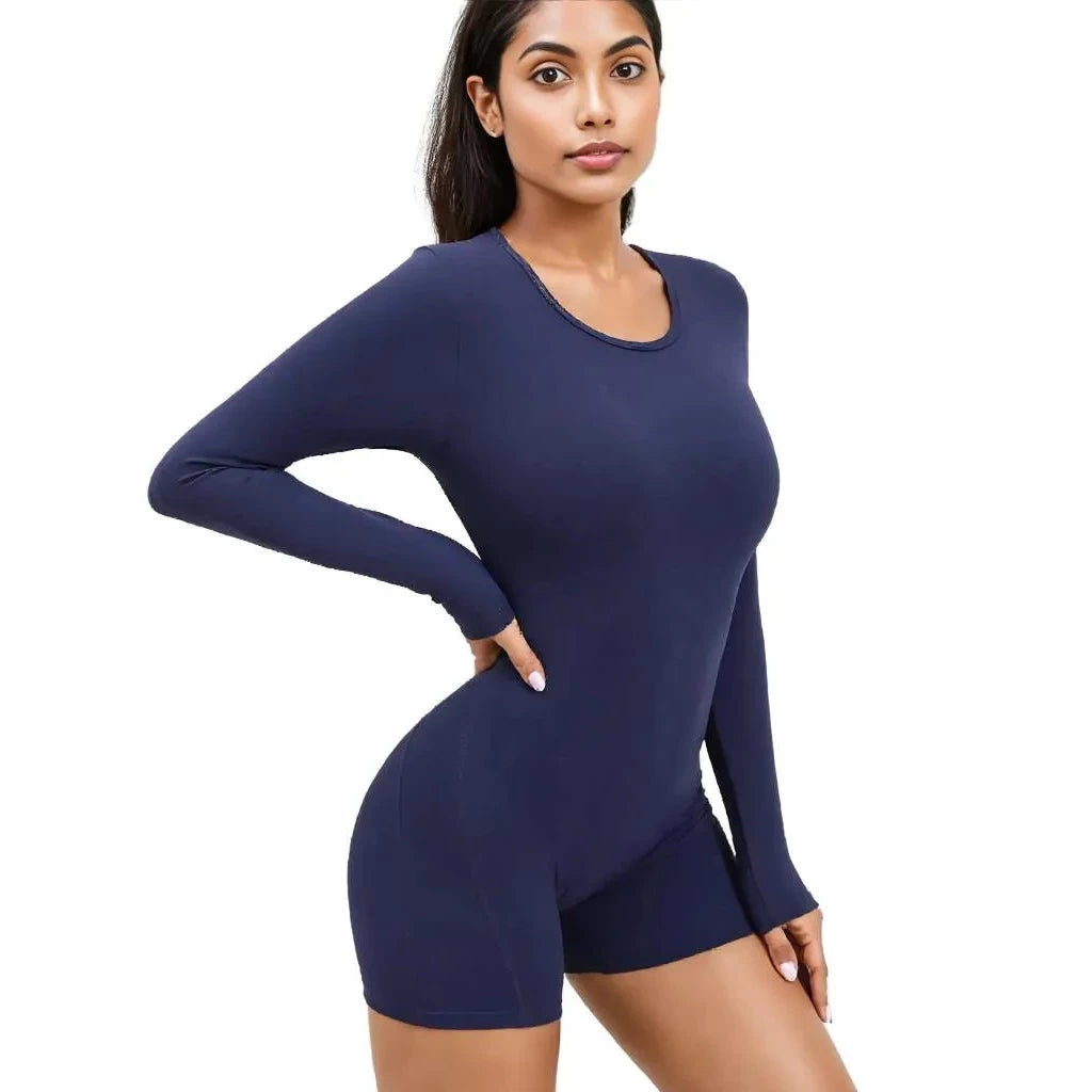 Navy Xooie Fit backless romper for women with long sleeves and a fitted design