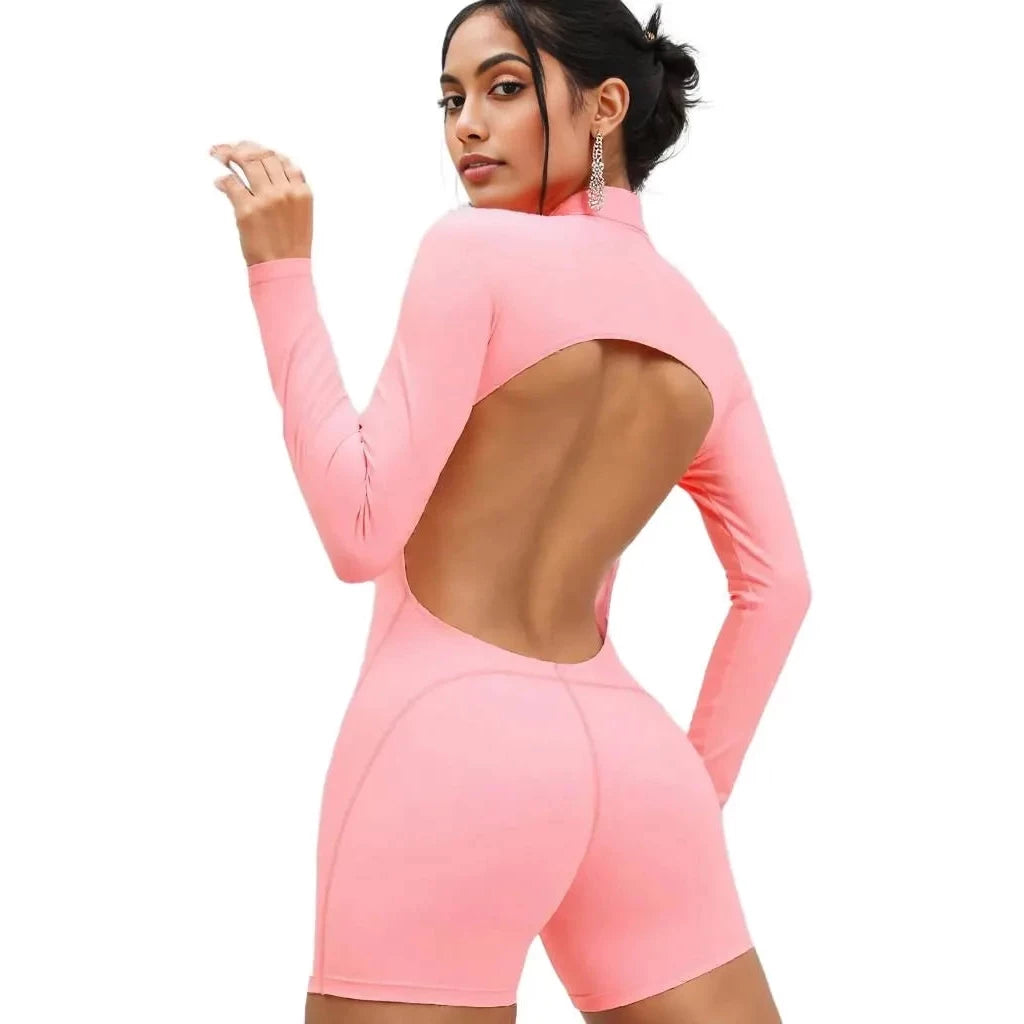Xooie Fit Backless Romper for Women in Pink with Long Sleeves and Open Back Design