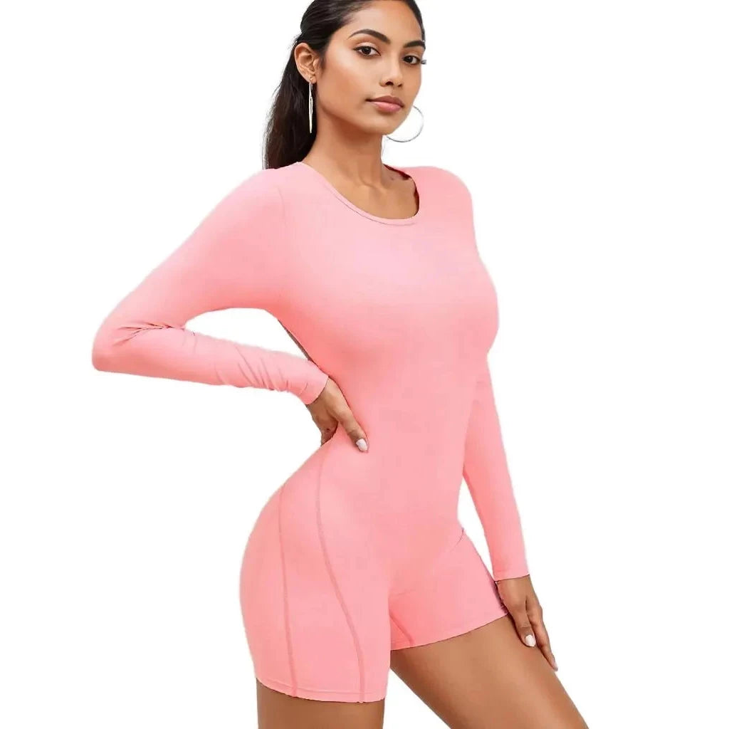 Xooie Fit Pink Backless Romper for Women with Long Sleeves and a Form-Fitting Design