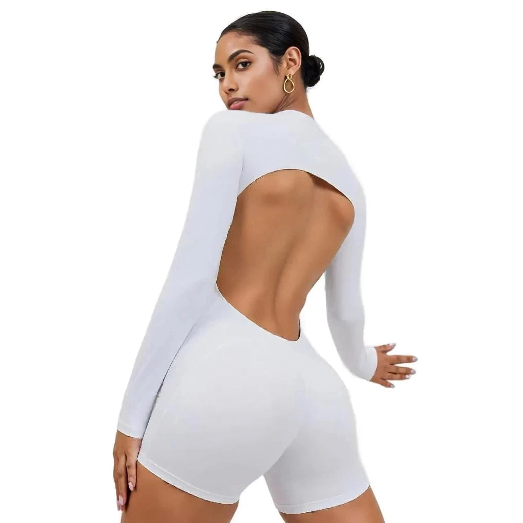 Xooie Fit backless romper for women in white with long sleeves and open back design