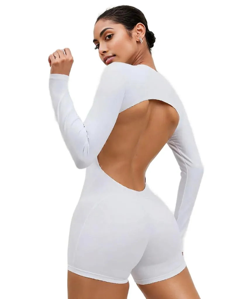 Xooie Fit Backless Romper for Women in White with Long Sleeves and Stylish Open Back Design
