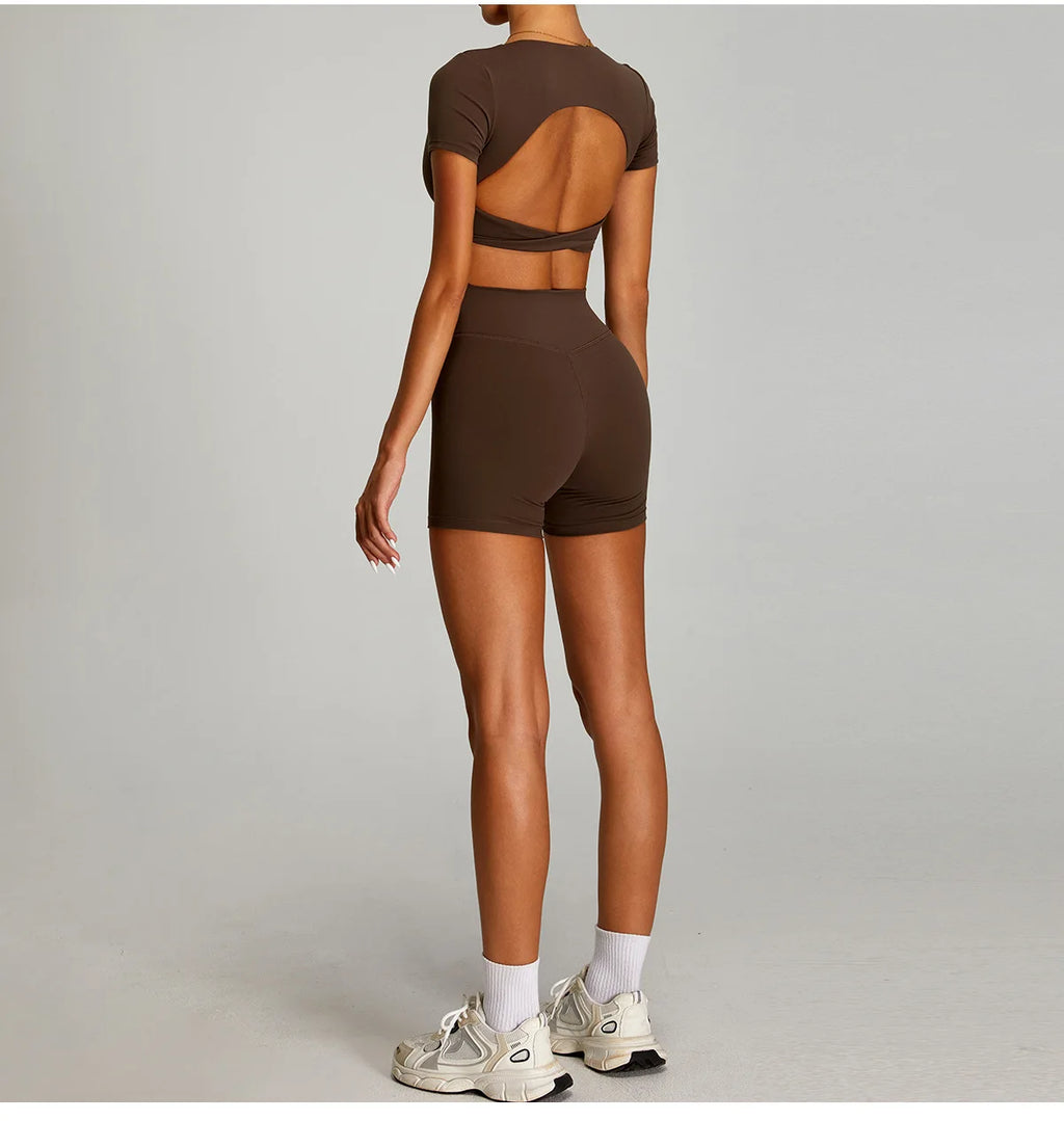 Xooie Fit backless twist crop top set in brown featuring a stylish open back design