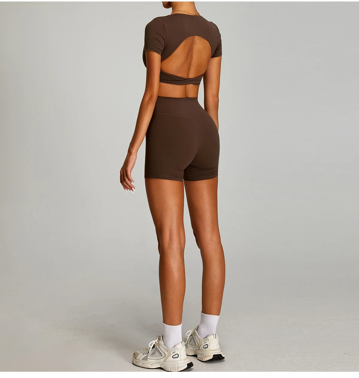 Xooie Fit backless twist crop top set in brown featuring a stylish open back design
