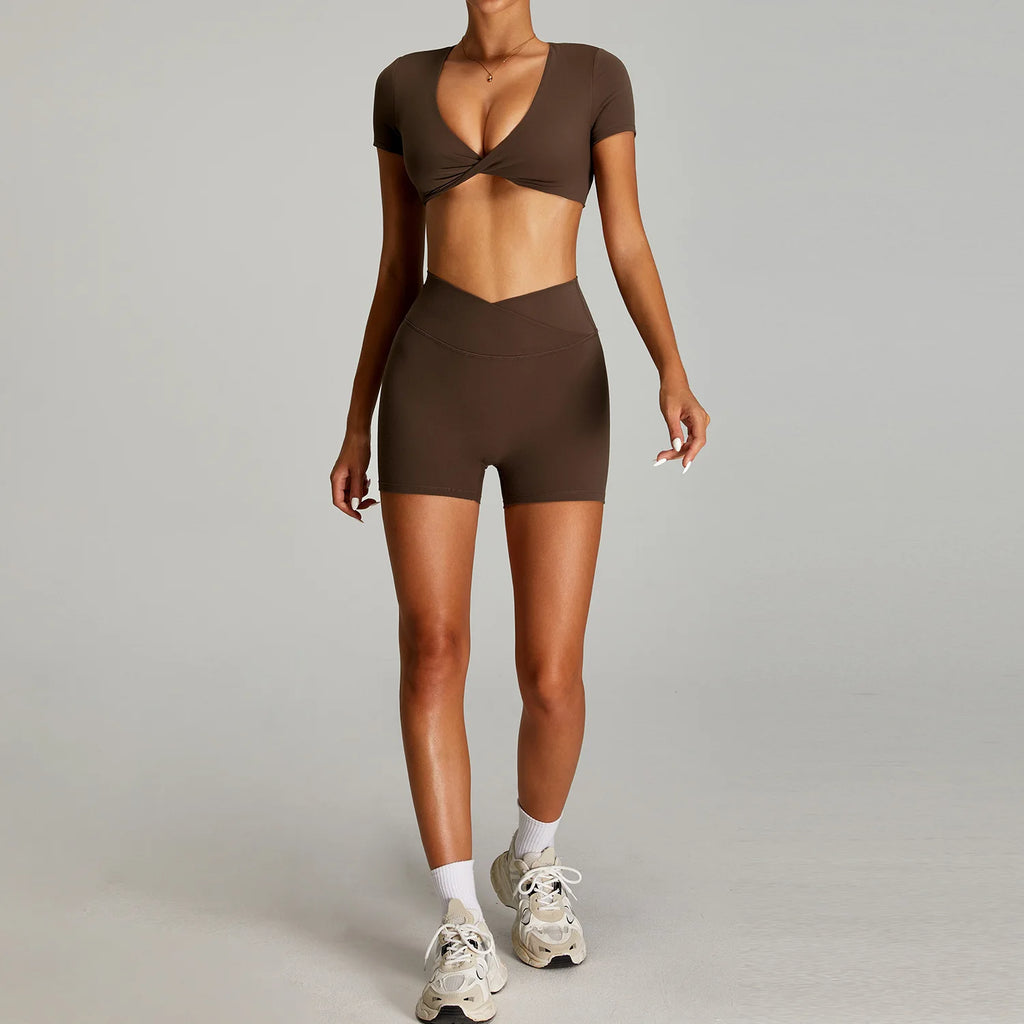 Xooie Fit backless twist crop top set in brown featuring a stylish design and flattering fit