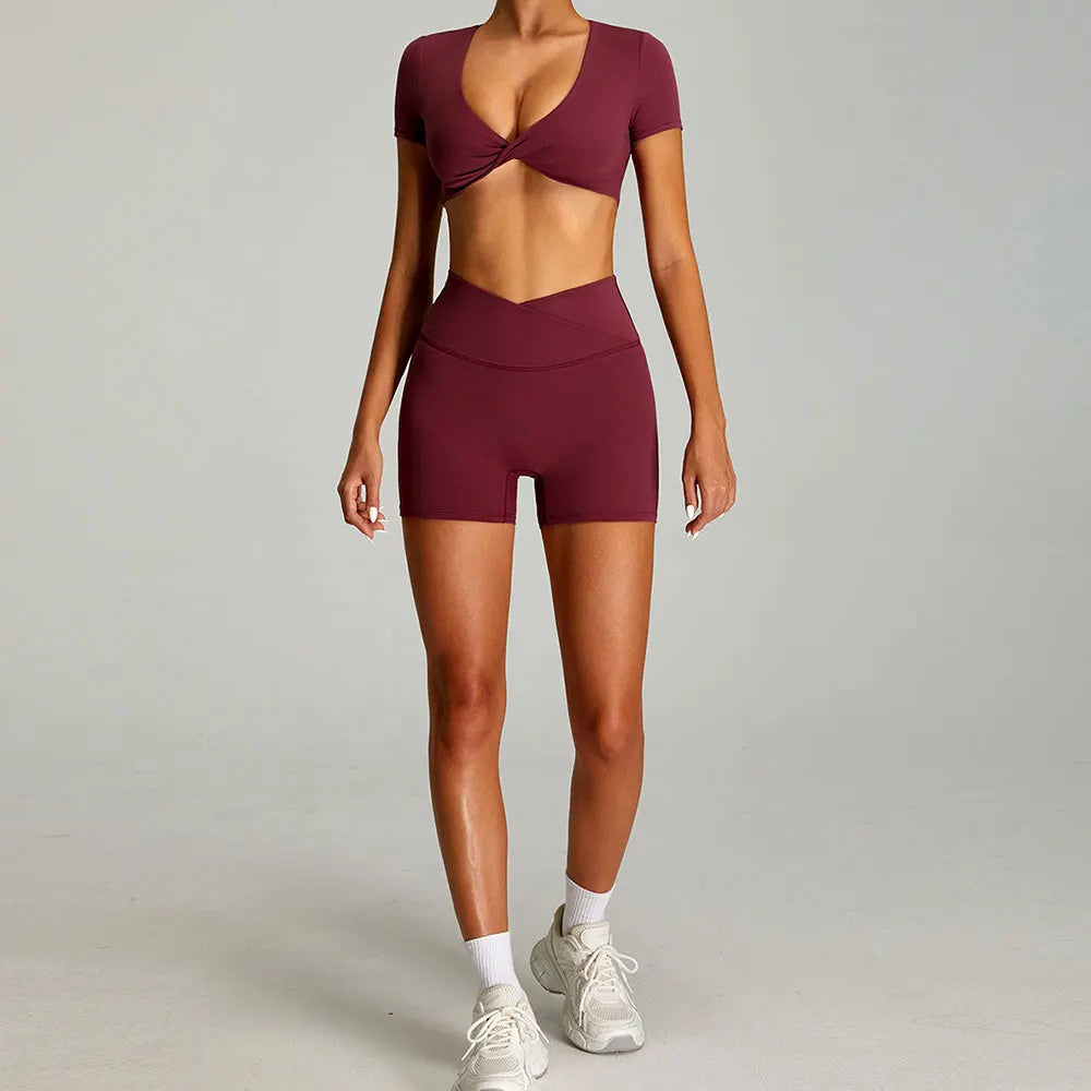 Xooie Fit backless twist crop top set in burgundy for a stylish and comfortable workout outfit