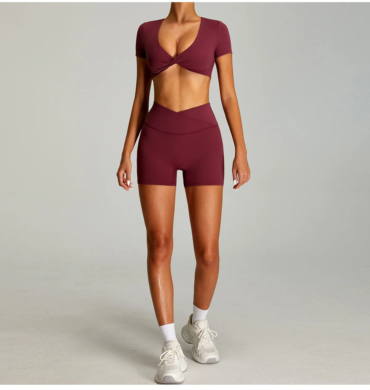 Xooie Fit backless twist crop top set in burgundy with a fitted design for activewear and casual outings