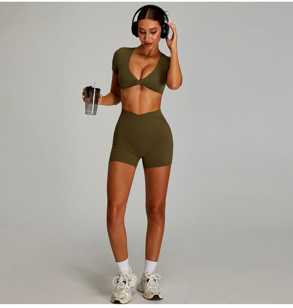 Olive Green Xooie Fit backless twist crop top set with matching shorts for stylish workouts