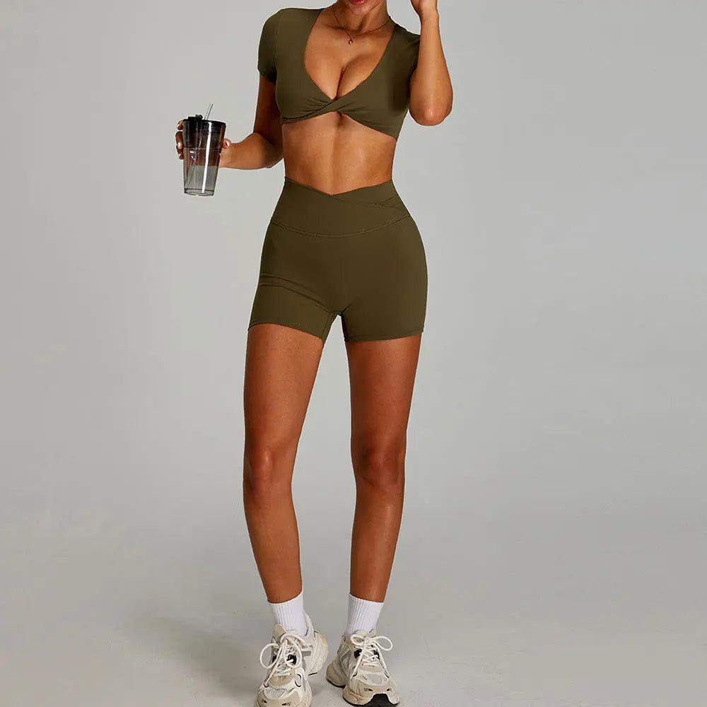 Xooie Fit backless twist crop top set in olive green, perfect for stylish workouts and casual outings