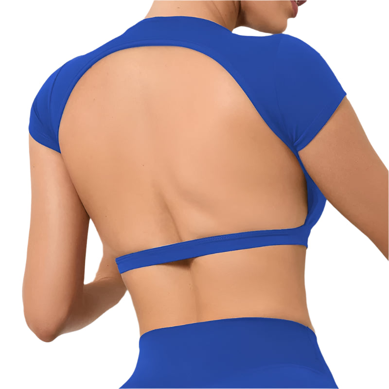 Xooie Fit Backless workout top in vibrant blue with short sleeves and stylish back design