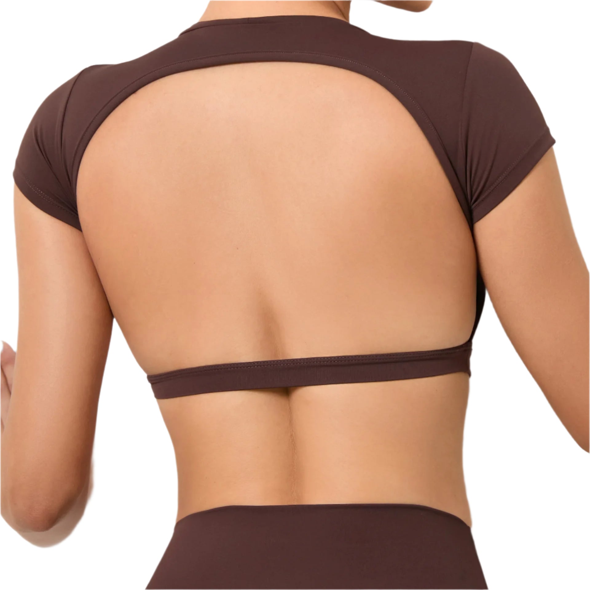 Xooie Fit Backless workout top in brown with short sleeves and stylish back design