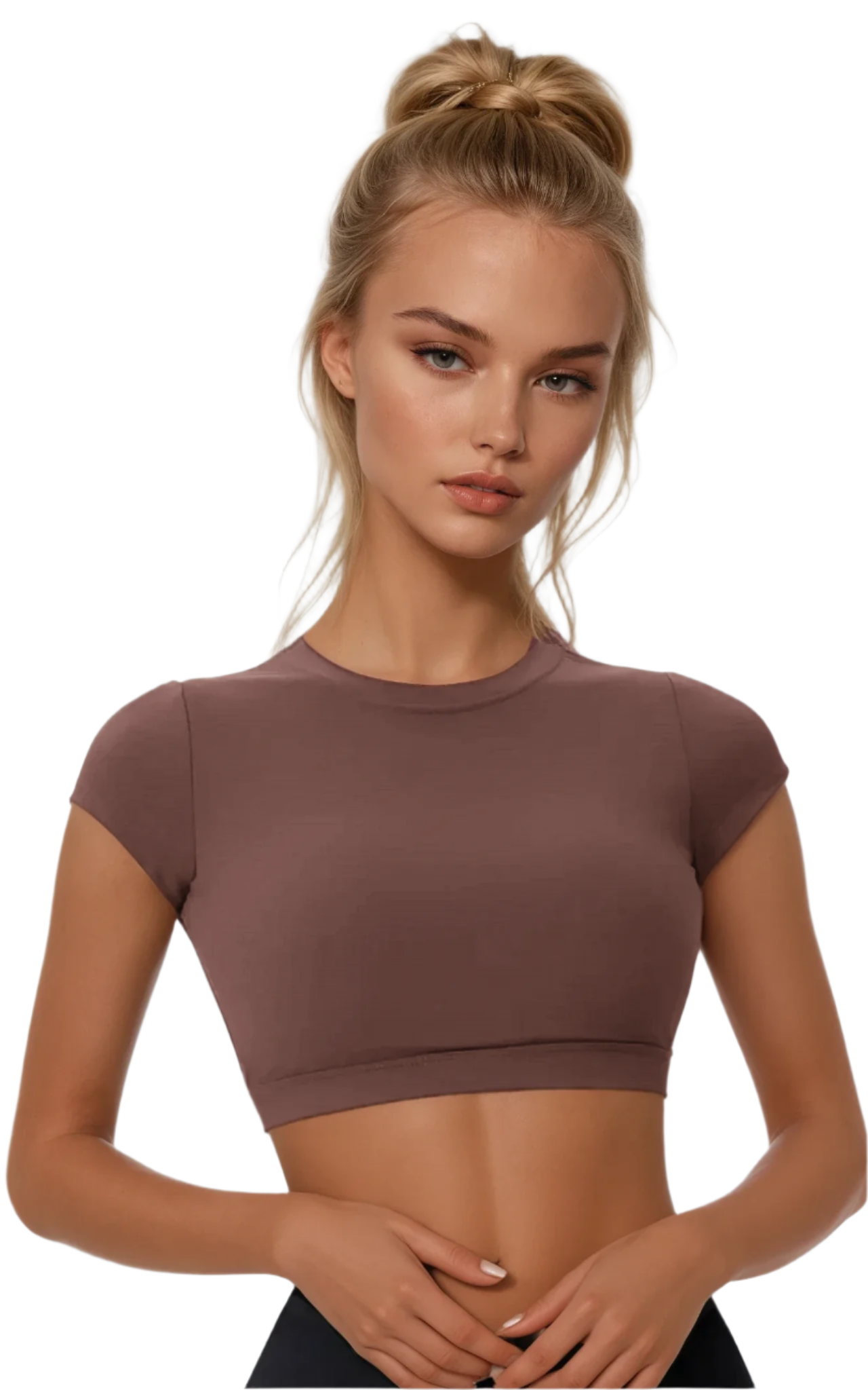 Xooie Fit Backless workout top in brown with short sleeves and fitted design for comfortable gym wear
