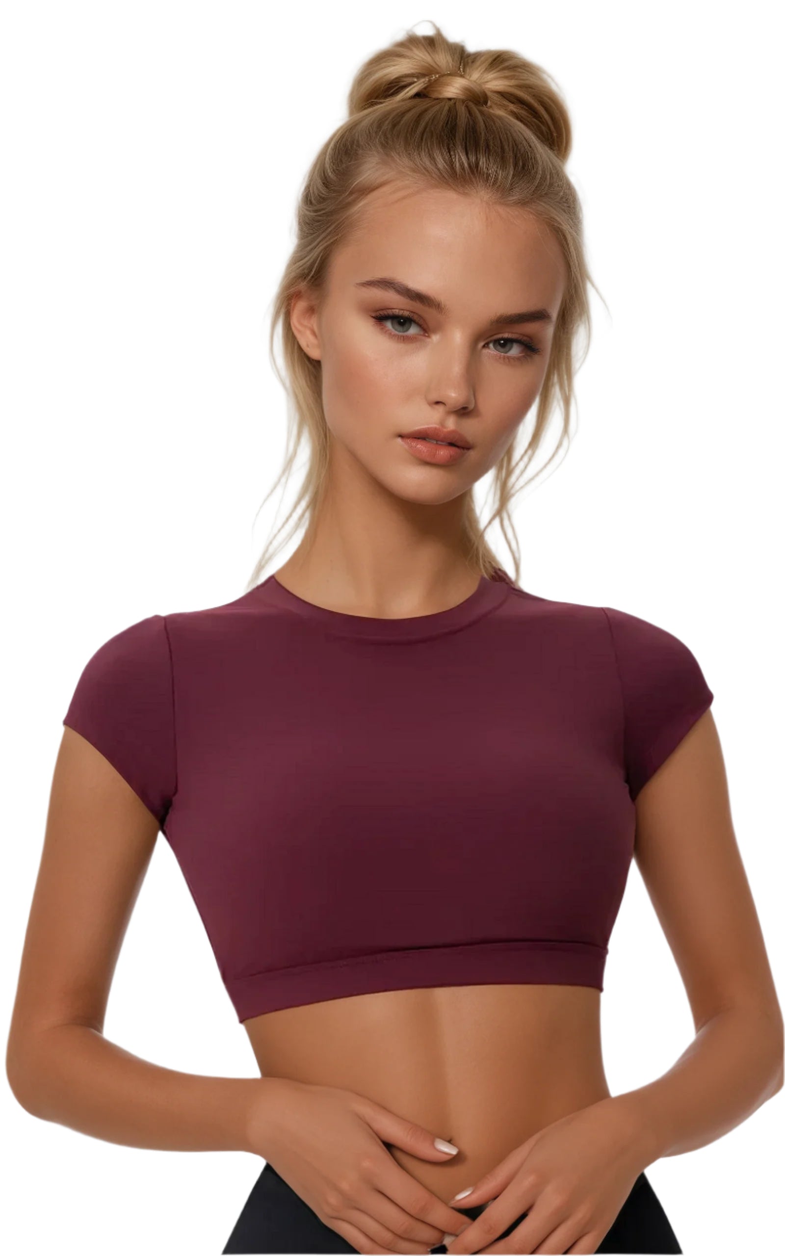 Xooie Fit Backless Workout Top in Burgundy with Short Sleeves for Active Performance