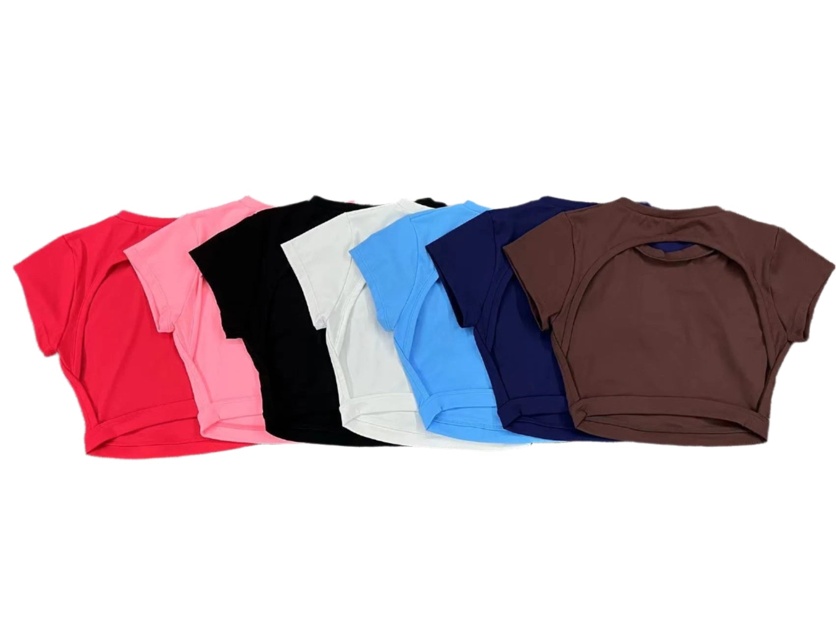 Xooie Fit backless workout top available in multiple colors including red, pink, black, and blue