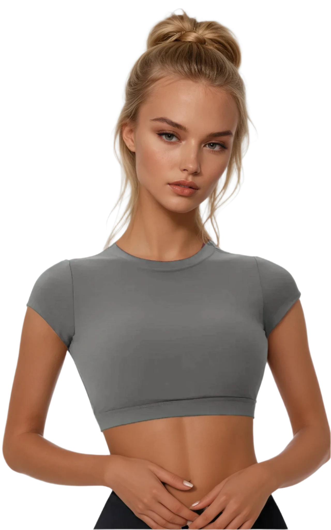 Xooie Fit Backless workout top in grey with short sleeves and a cropped design