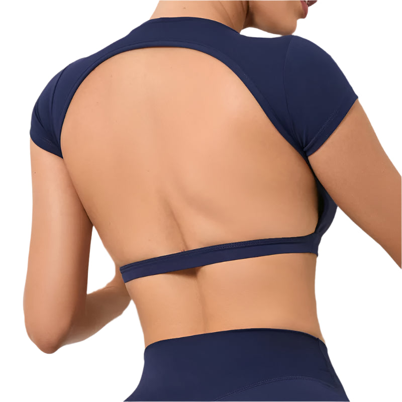 Navy Xooie Fit backless workout top featuring short sleeves and a stylish open back design