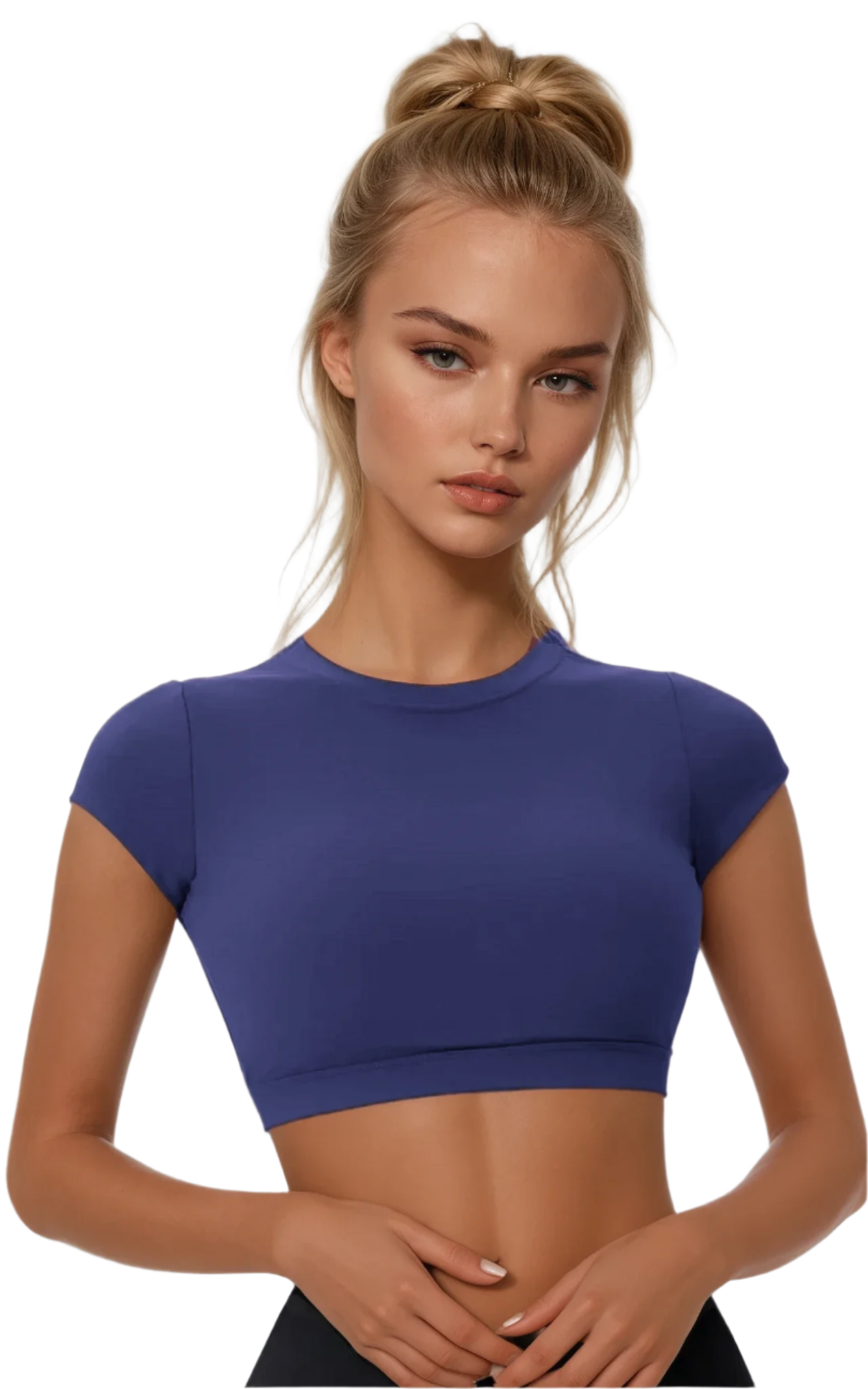 Xooie Fit backless workout top in deep blue with short sleeves and a cropped design