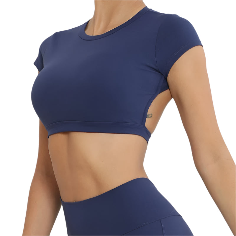 Xooie Fit Backless Workout Top in Navy Blue with Short Sleeves and a Stylish Design