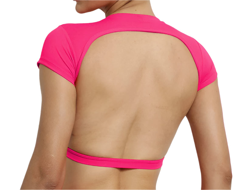 Xooie Fit backless workout top in vibrant pink with short sleeves and open back design