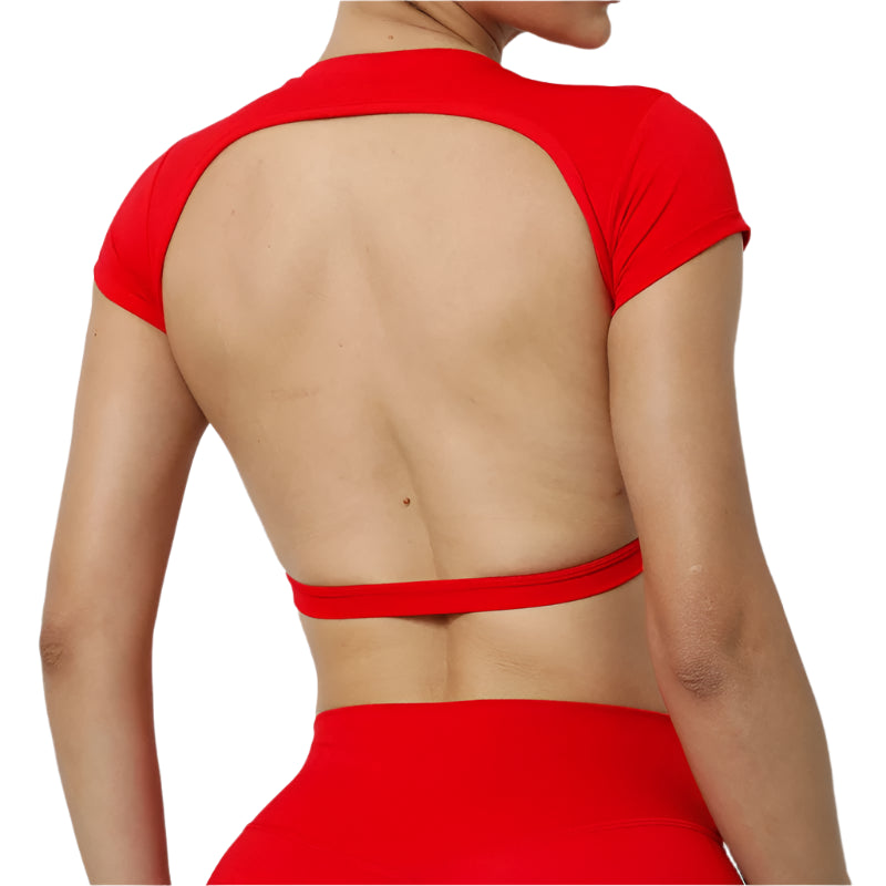 Xooie Fit Red Backless Workout Top with Short Sleeves for Enhanced Style and Comfort