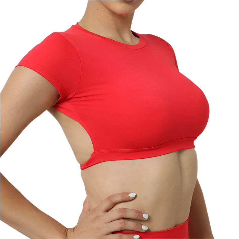 Red Xooie Fit backless workout top with short sleeves and cutout sides for breathable exercise comfort