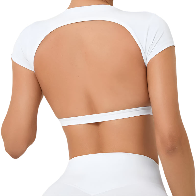 Xooie Fit Backless workout top featuring a stylish open back design for comfort during exercise