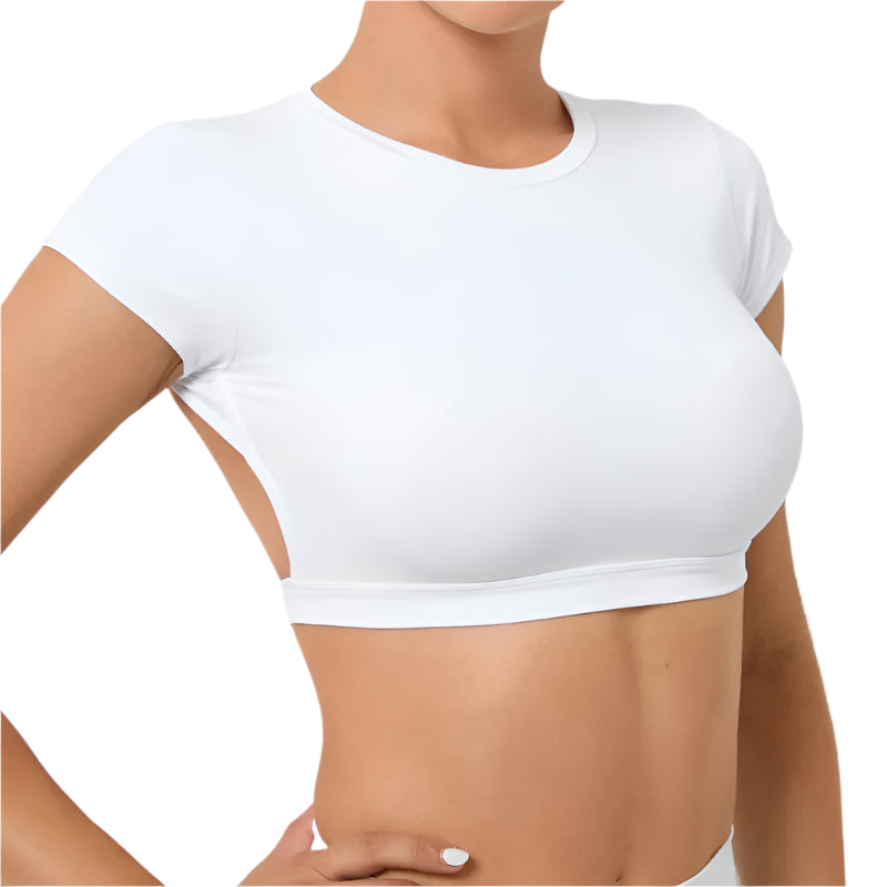 Xooie Fit Women's Backless Workout Top in White with Short Sleeves and Stylish Cut-Out Design