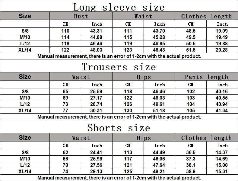 Size chart table for long sleeve, trousers, and shorts measurements for the set