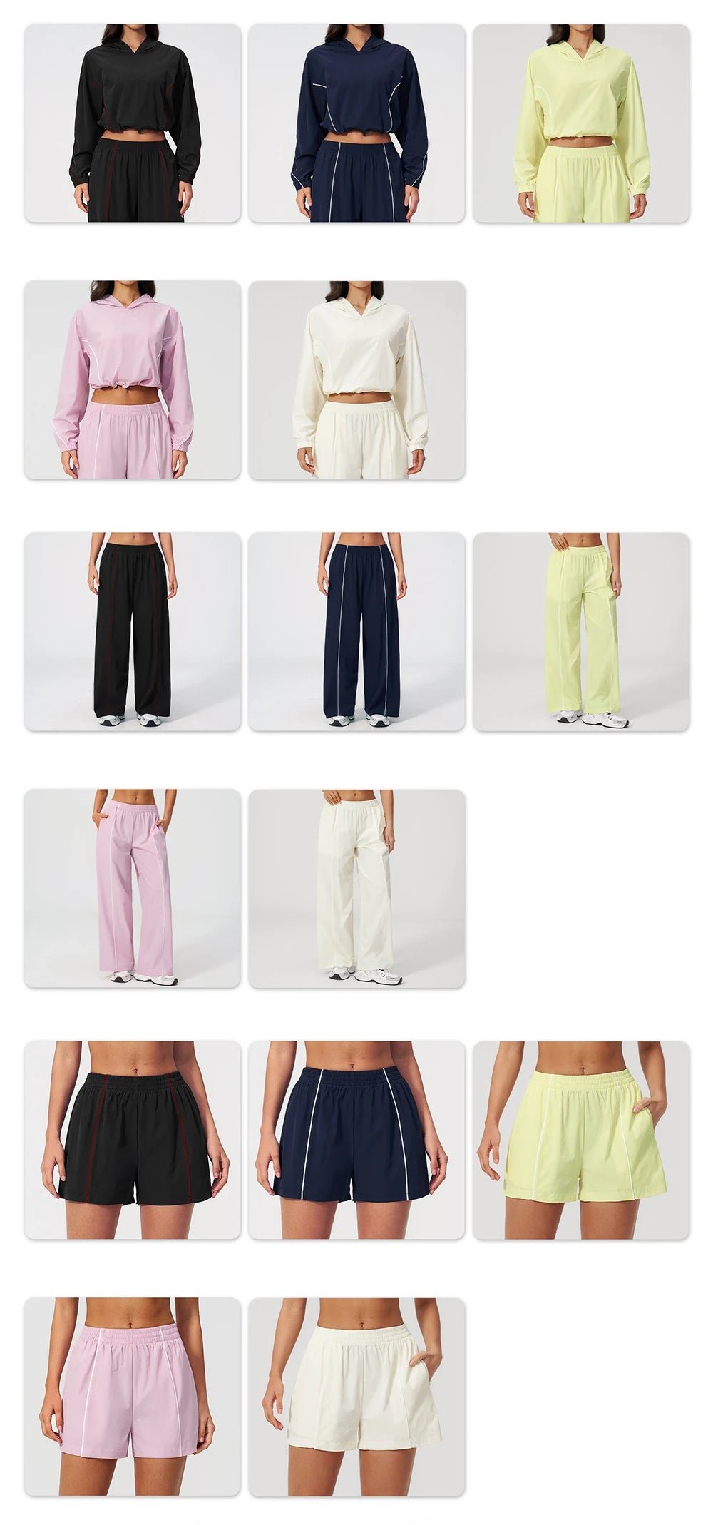 Collage showing multiple colors of hooded windbreaker crop top and wide-leg pants set