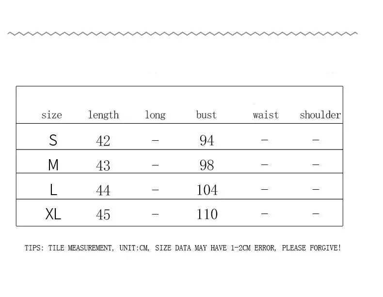 Size chart for women’s sleeveless crop top with length, bust, waist, shoulder