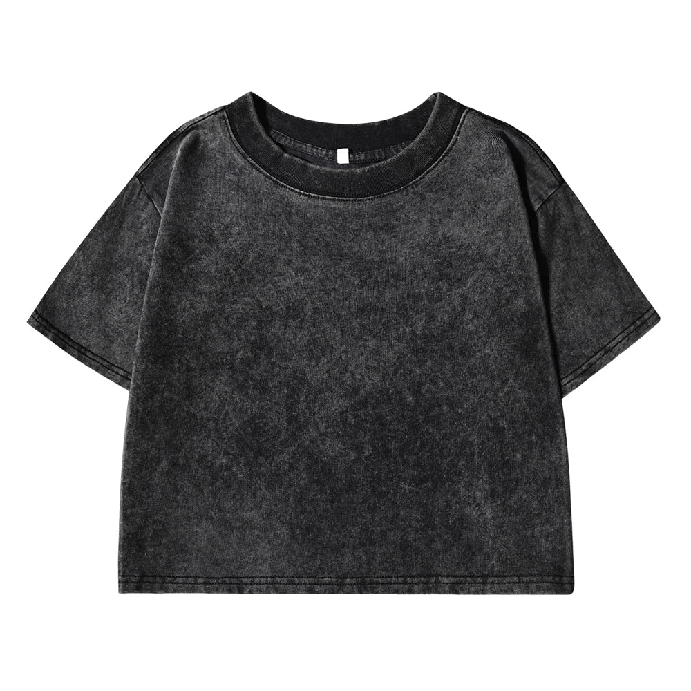 Acid wash crop top tee with crew neck, boxy short sleeves, dark charcoal black
