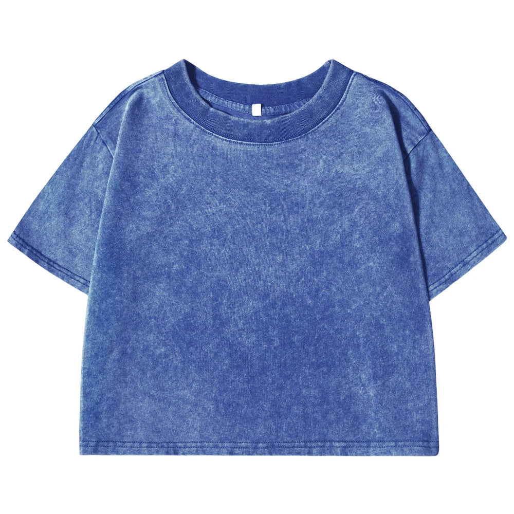 Acid wash crop top tee with crew neck, boxy short sleeves, blue wash