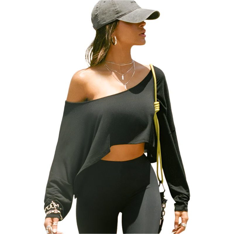 Stylish black Xooie Fit baggy crop top for workouts with off-shoulder design and long sleeves