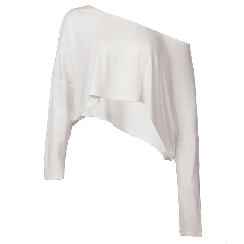 White Xooie Fit baggy crop top for workouts with one sleeve design for stylish comfort