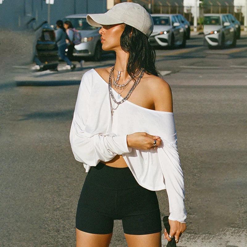Xooie Fit White Baggy Crop Top for Workouts with Off-Shoulder Design and Comfortable Fit