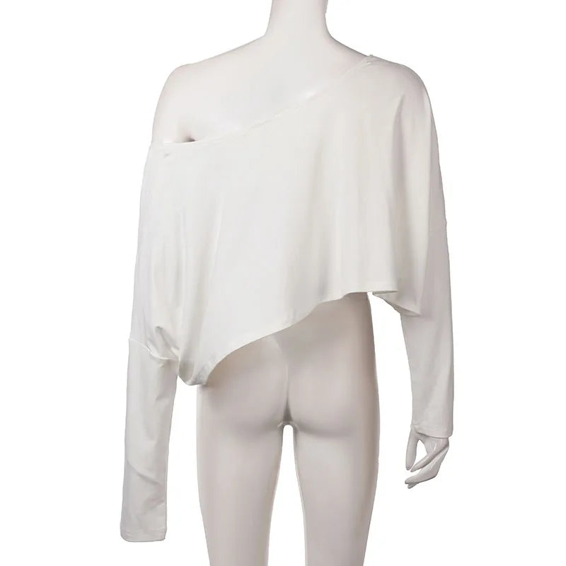 White Xooie Fit baggy crop top for workouts with an off-shoulder design for a comfortable fit