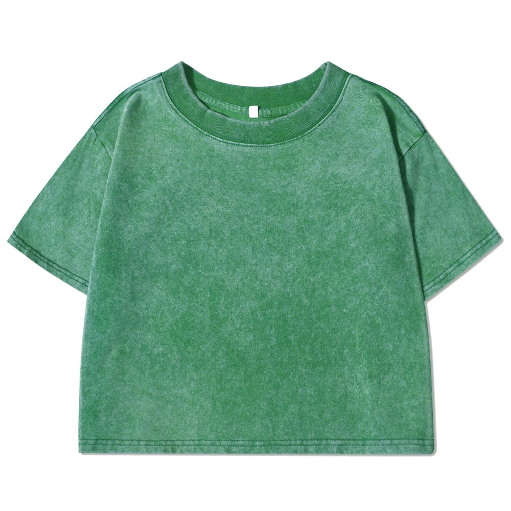 Acid wash crop top tee with crew neck, boxy short sleeves, green wash