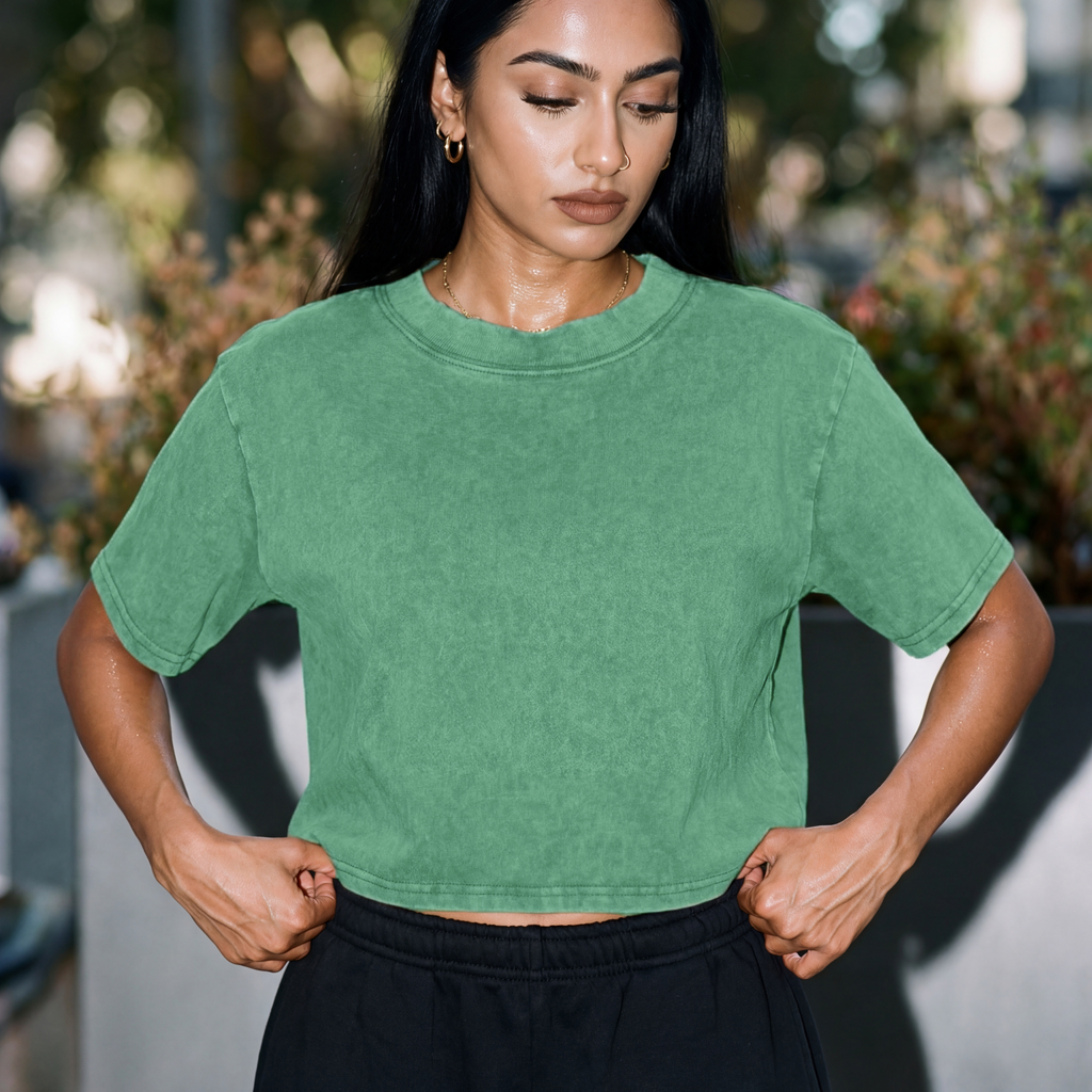 Mint green acid-wash crop boxy T-shirt, crew neck and short sleeves