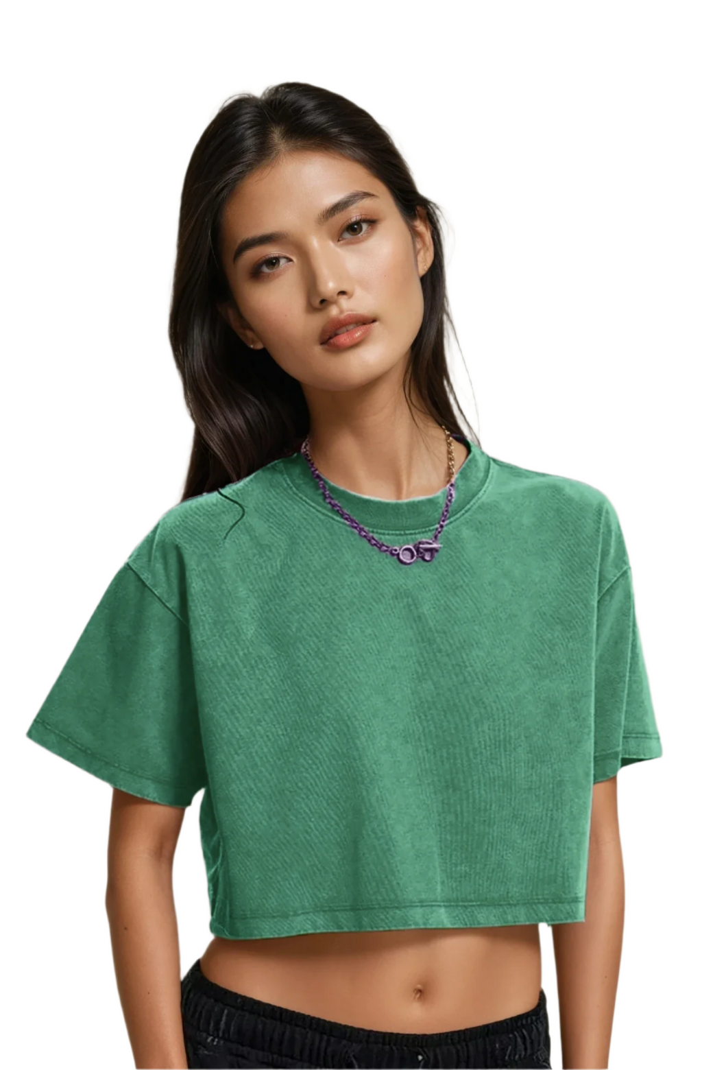Xooie Fit Green Baggy Crop Top with Short Sleeves for a Casual Look