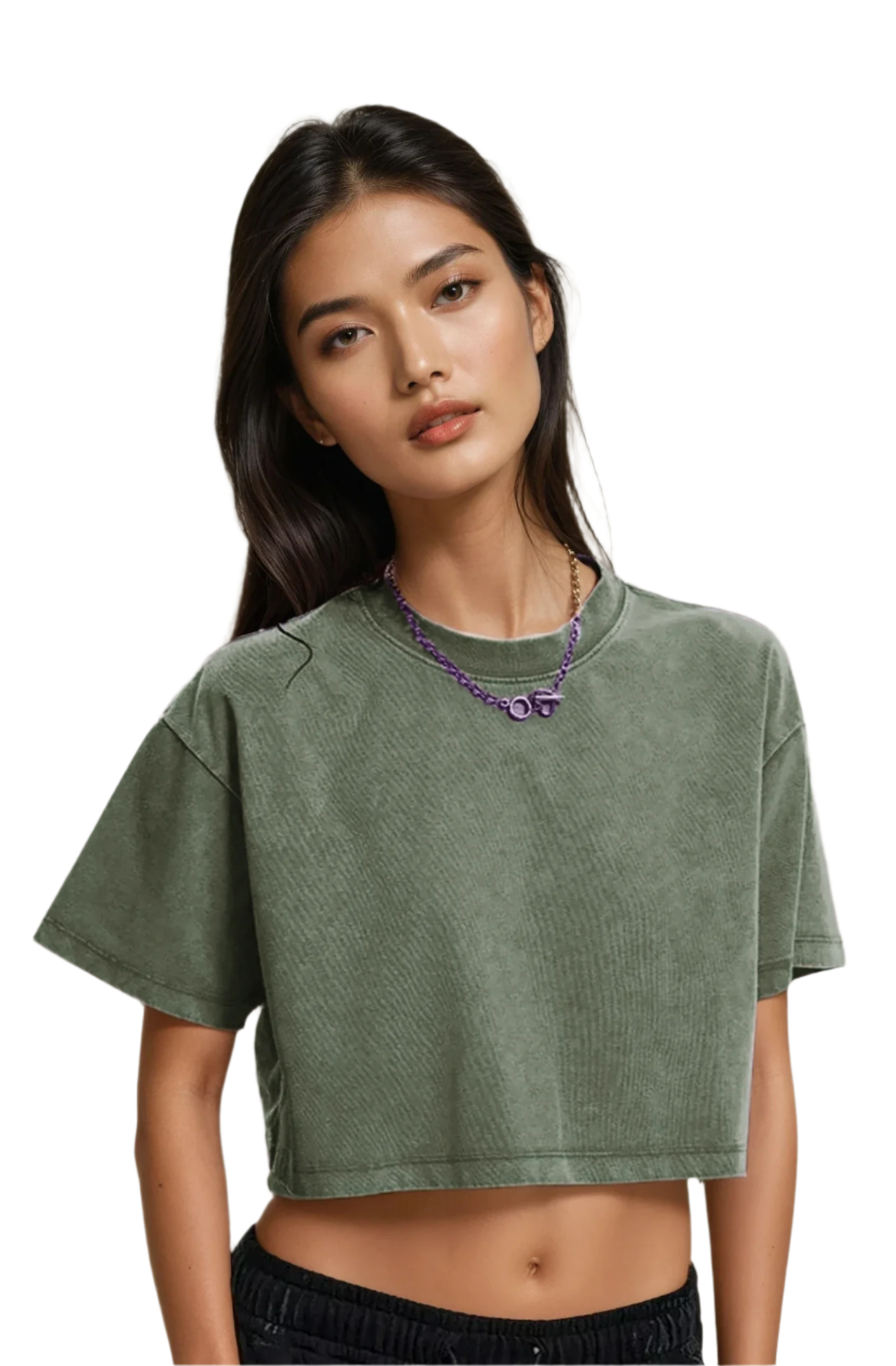 Xooie Fit Baggy Crop Top in Olive Green with a Relaxed Fit and Short Sleeves