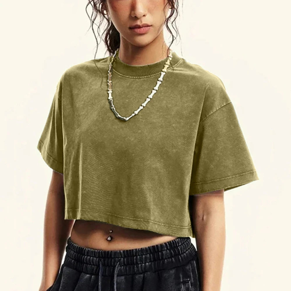 Turtle green acid-wash crop boxy T-shirt, crew neck and short sleeves