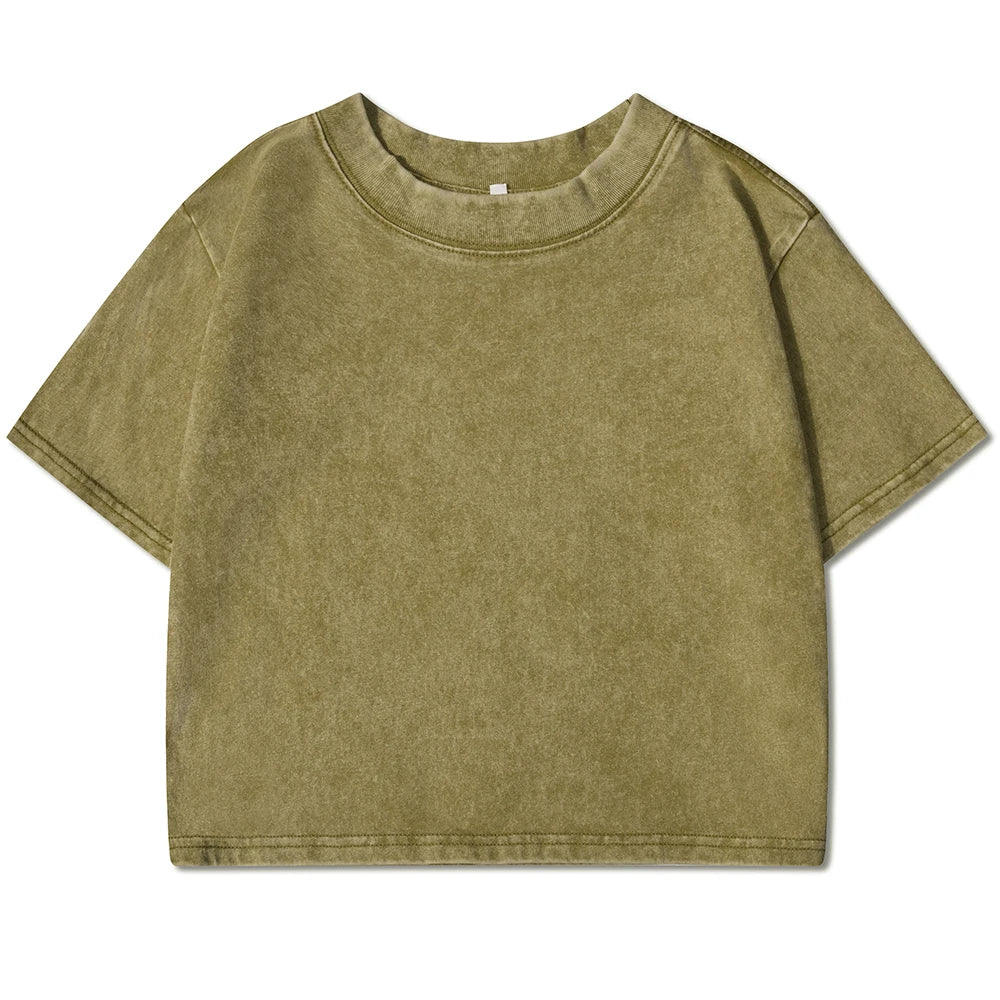 Acid wash crop top tee with crew neck, boxy short sleeves, olive green wash