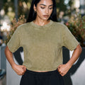 Turtle green acid-wash crop boxy T-shirt, crew neck and short sleeves
