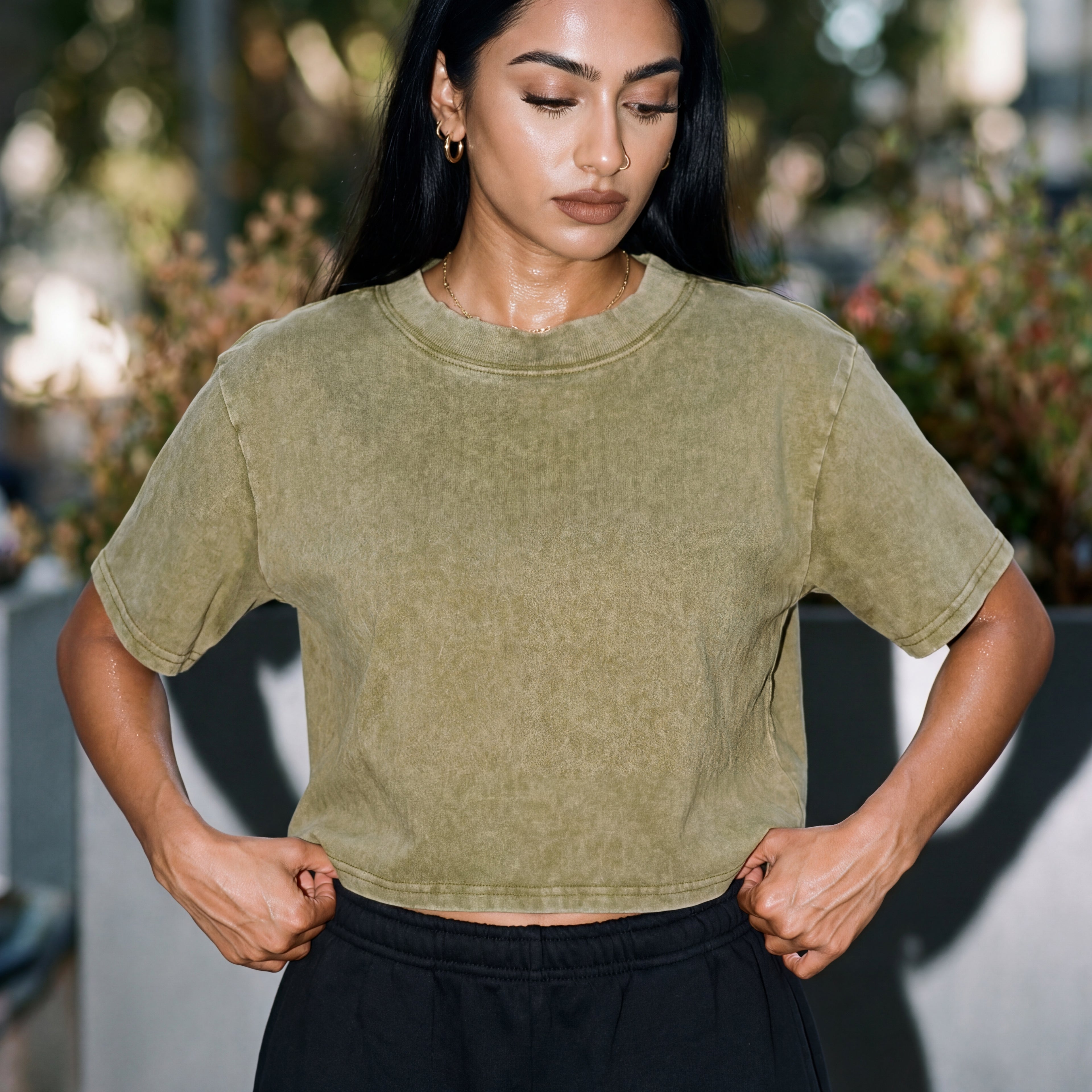 Xooie Fit Olive Green Baggy Crop Top with Short Sleeves for Casual Style