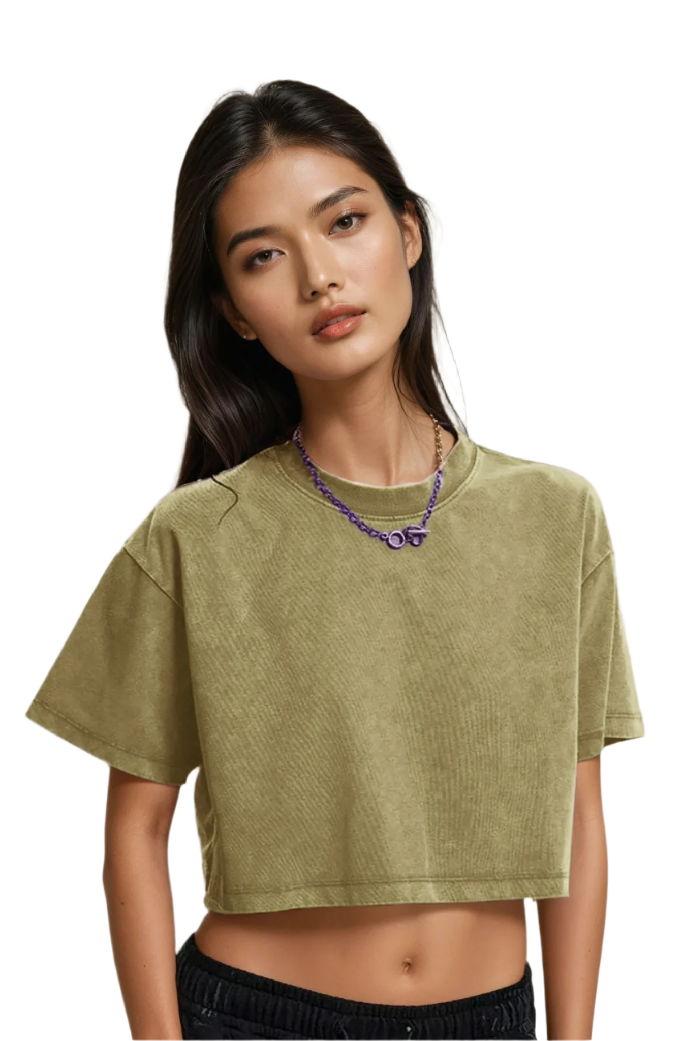 Olive Green Xooie Fit Baggy Crop Top with Short Sleeves and Soft Fabric for Casual Wear