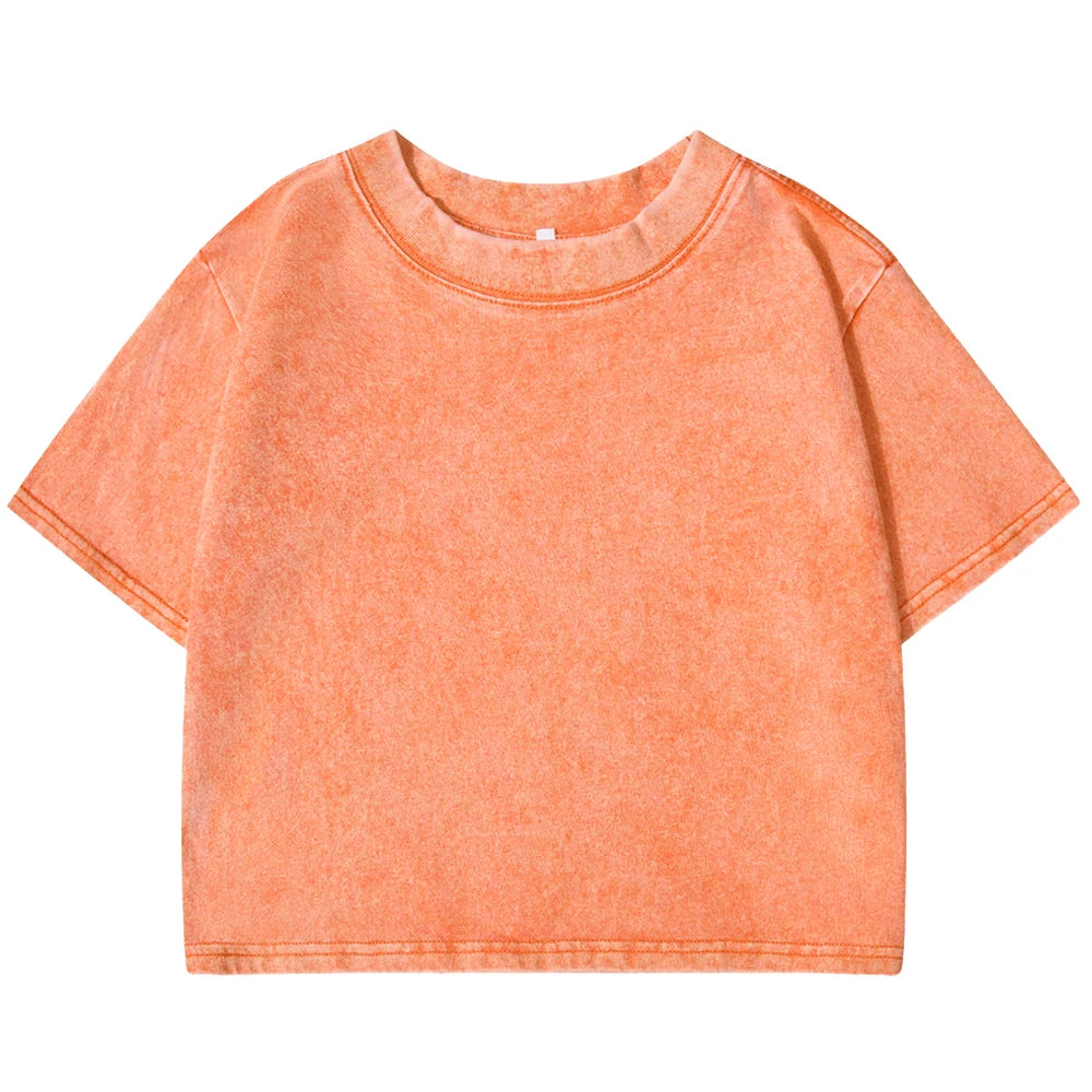 Acid wash crop top tee with crew neck, boxy short sleeves, orange wash