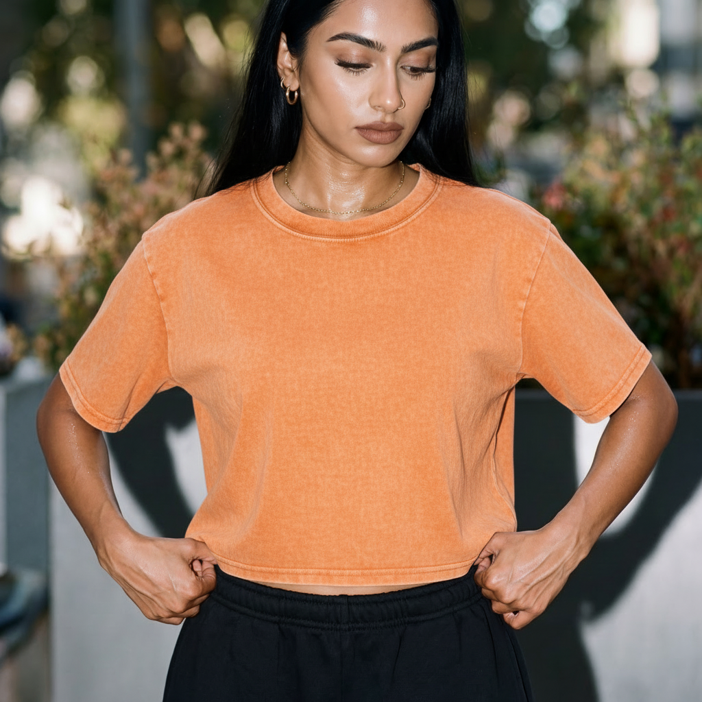Orange acid-wash crop boxy T-shirt, crew neck and short sleeves
